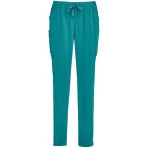 A pair of teal slim leg scrub pants with an elastic waistband and side pockets. Features a logo on the garment.
