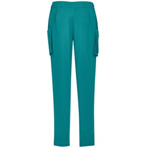 Teal women's slim leg scrub pants with side pockets and an elastic waistband. Features a logo on the waistband.