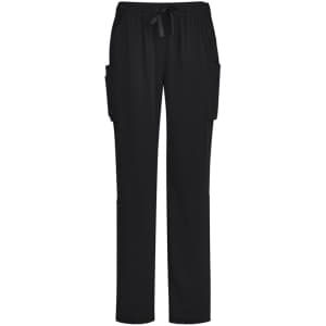 Black women's straight leg scrub pants featuring a drawstring waist and side pockets. Includes branding.