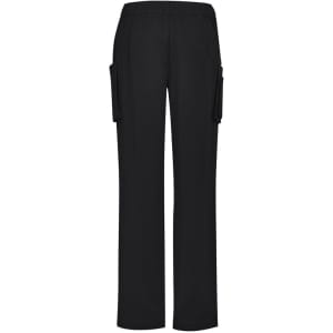 Women's straight leg scrub pants in black with elastic waistband and side cargo pockets.