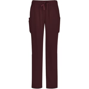 Burgundy straight leg scrub pants featuring side pockets and a drawstring waist. Includes a logo.