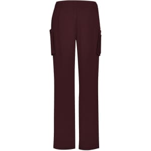 Burgundy straight leg scrub pants featuring side pockets and an elastic waistband. Includes a logo on the garment.