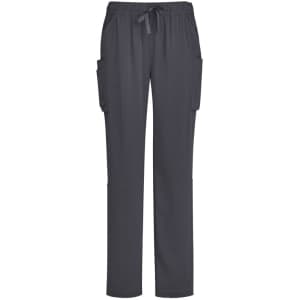 A pair of women's straight leg scrub pants in a dark grey colour with side pockets and a drawstring waist.