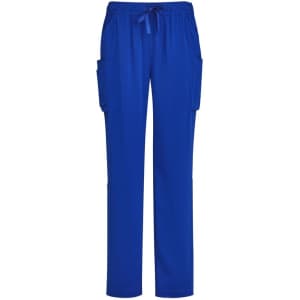 Bright blue women's straight leg scrub pants with side pockets and an elastic waistband. Features a logo.