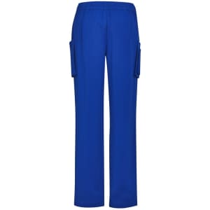 Bright blue women's straight leg scrub pants with side pockets and an elastic waistband. Features a logo.