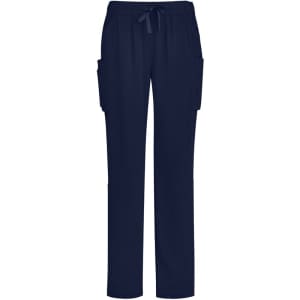 Navy blue women's straight leg scrub pants featuring side pockets and a drawstring waistband. Includes branding.