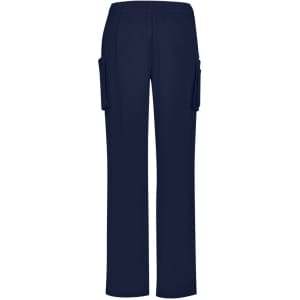 Navy women's straight leg scrub pants with two side pockets and an elastic waistband. Features a logo.