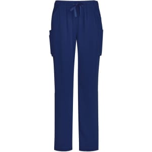 Navy straight leg scrub pants with a drawstring waist and side pockets. Features a logo on the fabric.