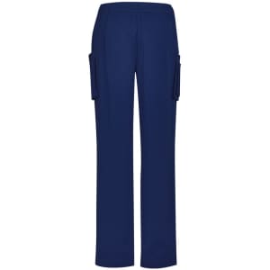 Navy blue women's straight leg scrub pants with side pockets and an elastic waistband, featuring a logo.