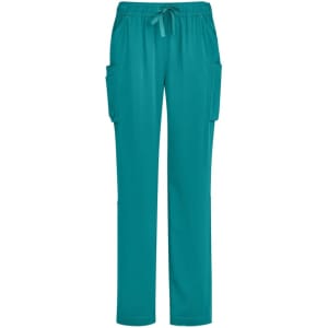A pair of teal women's straight leg scrub pants with side pockets and a drawstring waist. Features a logo.