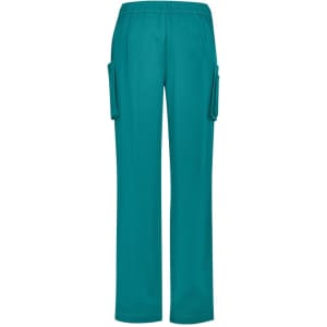 Teal women's straight leg scrub pants featuring side pockets and an elastic waistband. Includes a branding logo.