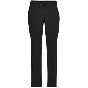 Black straight leg scrub pants with side pockets and an elastic waistband. Includes a drawstring and logo branding.