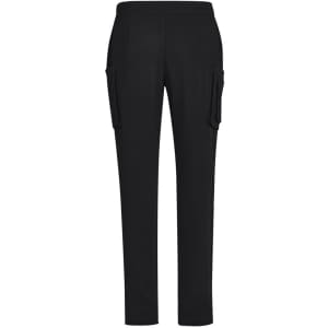 Black straight leg scrub pants featuring side pockets and an elastic waistband. Includes a logo on the waistband.