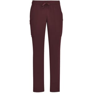 Maroon straight leg scrub pants with side pockets and a drawstring waist. Features a logo.