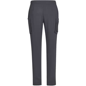 Men's straight leg scrub pants in dark grey, featuring side pockets and an elastic waistband. Includes branding.
