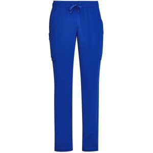 Bright blue men's straight leg scrub pants with pockets and a drawstring waistband, featuring a logo.