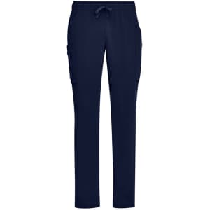 Navy blue straight leg scrub pants featuring side pockets and an elastic waistband. Includes a logo branding.