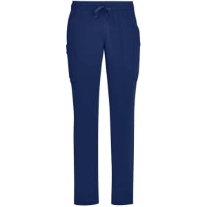 Navy blue men’s straight leg scrub pants with pockets and an elastic waistband. Features a logo.