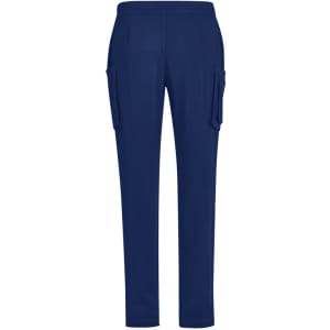 Navy blue straight leg scrub pants with side pockets and an elastic waistband. Features a logo on the garment.