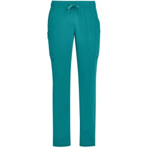 Teal straight leg scrub pants with side pockets and an adjustable drawstring waistband. Features a logo on the design.