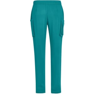 Teal straight leg scrub pants with side pockets and an elastic waistband, featuring a logo.
