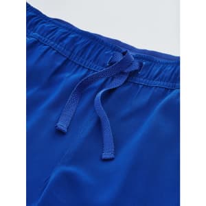 A pair of blue straight leg scrub pants featuring an elastic waistband and drawstring.