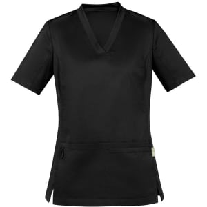 A black women's scrub top with short sleeves, a v-neck, and side pockets. It features a logo on the front.
