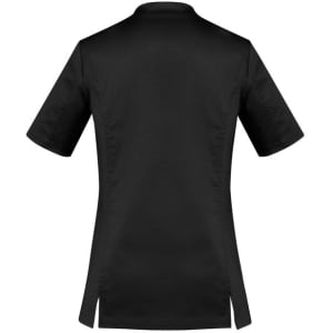 A black Women's Riley Stretch Scrub Top with short sleeves and side slits, featuring a logo.