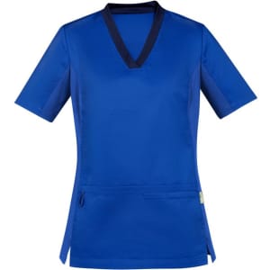 A blue women's scrub top featuring short sleeves and a V-neck design. Includes a pocket and has a logo.