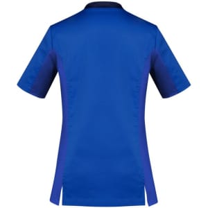 A blue and purple women's scrub top featuring a short-sleeve design and a back vent, with a logo present.