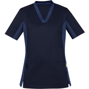 A women's scrub top in navy blue with short sleeves and a V-neck design, featuring a pocket and contrasting side panels.