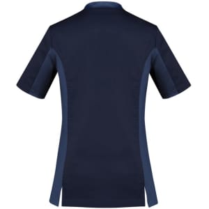 A women's scrub top in navy blue with short sleeves and side panels. The top features a logo.