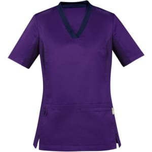 A purple women's scrub top with short sleeves and a navy collar, featuring a pouch pocket and a logo.