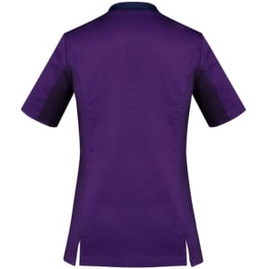 A purple women's scrub top with short sleeves and side slits, featuring a logo on the back.