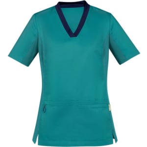A teal women's scrub top featuring a stylish navy collar and short sleeves, with a logo on the side.