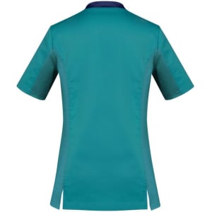 A teal women's scrub top with short sleeves and a navy collar, featuring side slits and a logo.