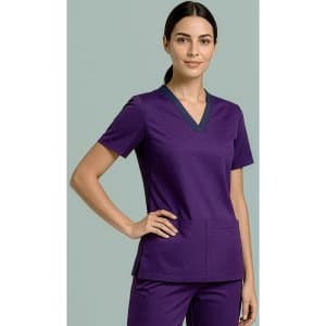 A purple women's scrub top with a V-neck design and contrasting trim, featuring two pockets.