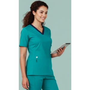 A women's teal scrub top featuring a V-neck, short sleeves, and a pocket, with a dark blue trim.