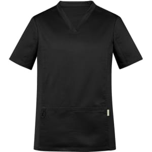 A black men's scrub top featuring a V-neck and short sleeves, with a side pocket and branding.