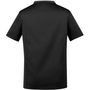 A short-sleeved men's scrub top in black, featuring a simple design and a branding logo on the back.