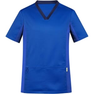 A blue men's scrub top featuring short sleeves, a v-neckline, and an integrated pocket. It includes a branding logo.