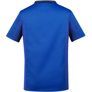 A men's scrub top in a vibrant blue with a contrasting darker shade at the collar and sleeves, featuring a logo.
