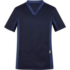 A navy blue men's scrub top with short sleeves and a v-neck design, featuring a pocket and detailing.
