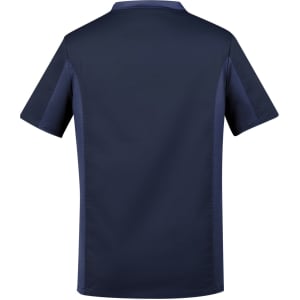 A short-sleeved navy blue scrub top with a contrasting design and a logo on the back.