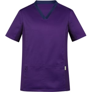 A purple men's scrub top with a contrasting collar, featuring short sleeves and a front pocket.