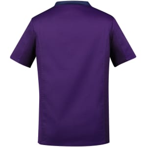 A purple men's scrub top featuring a simple design and a collar, with branding visible on the back.