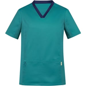 A teal scrub top with a navy collar and short sleeves, featuring a logo and a front pocket.