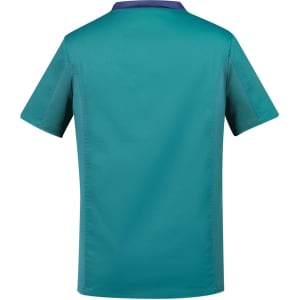 A teal men's scrub top featuring a contrasting collar. The back view highlights a simple, modern design.