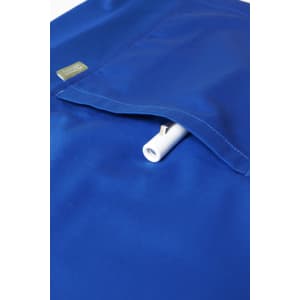 A blue men's scrub top featuring a pocket and a logo. The material appears smooth and professional.