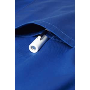 A close-up of a blue scrub top featuring a white zippered pocket. It has a logo visible on the fabric.